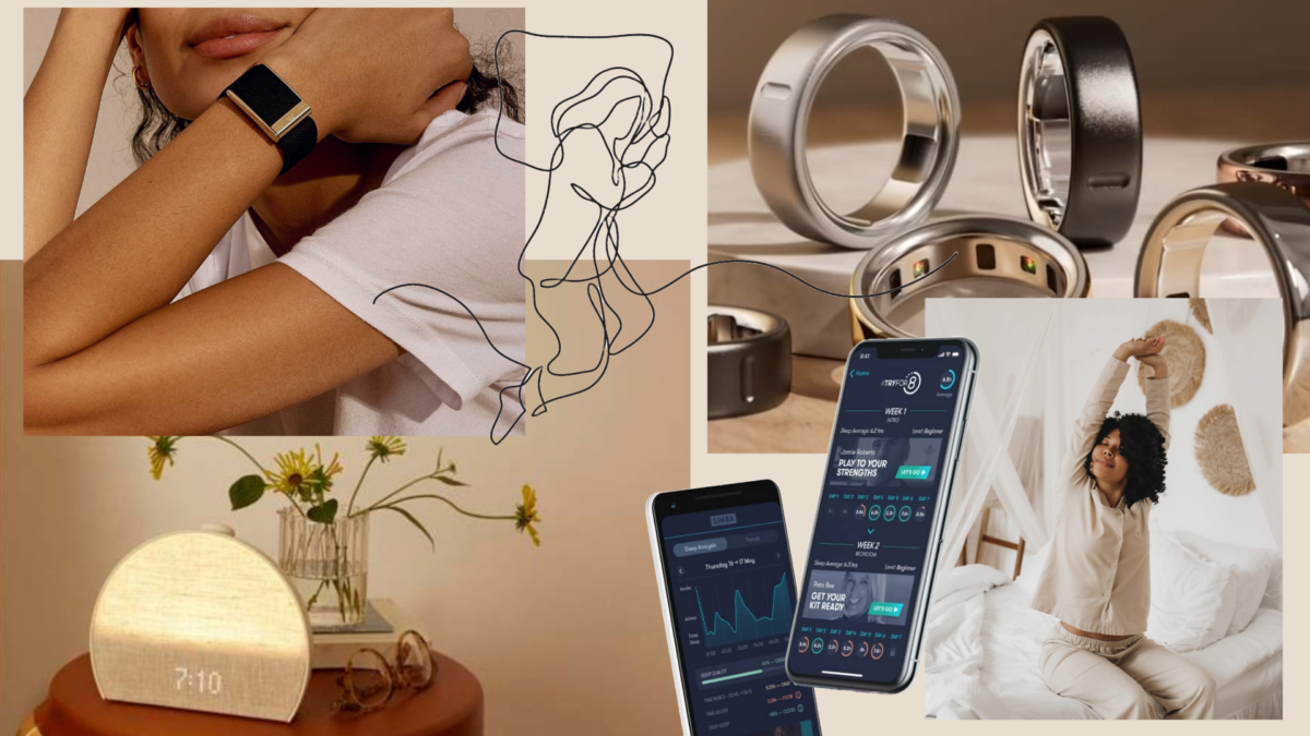 A conceptual graphic showing a human head with digital data overlays representing sleep stages and AI processing.