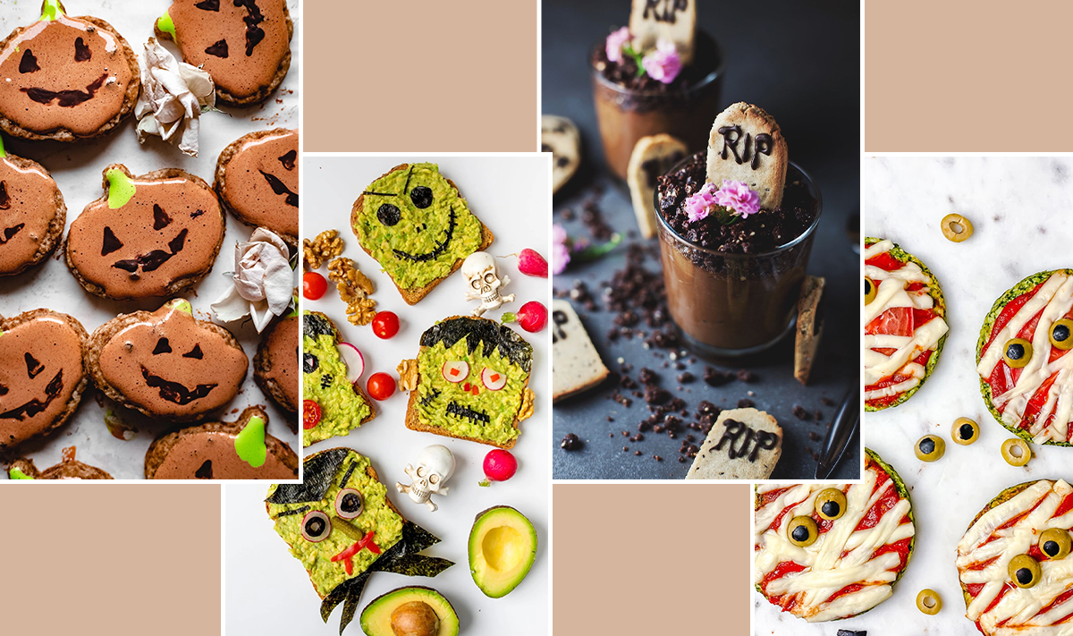 A collection of 6 healthy Halloween treats including fruit snacks and savory appetizers.