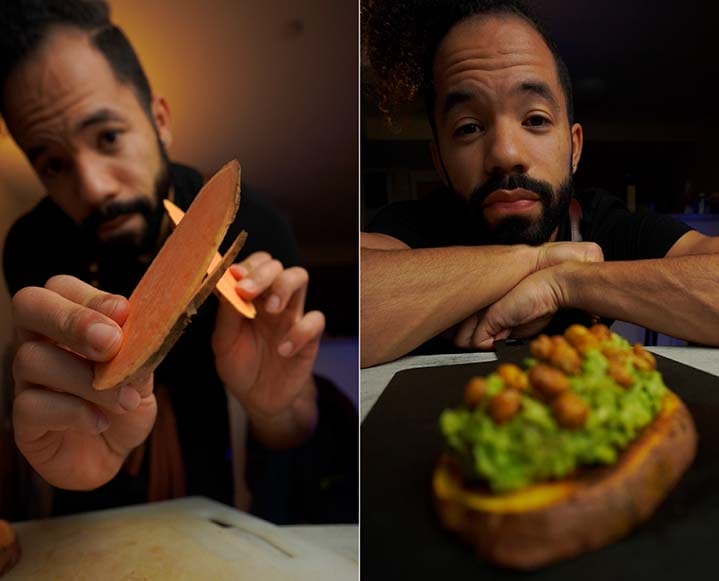 Meshach Rojas of 'About This Much' smiling in a kitchen with ingredients for sweet potato avocado toast.