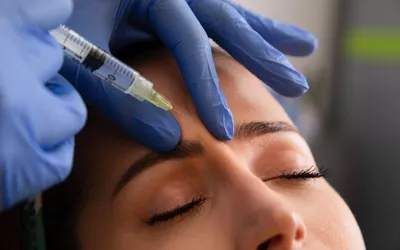A close-up of a cosmetic injection being administered between a woman's eyebrows.