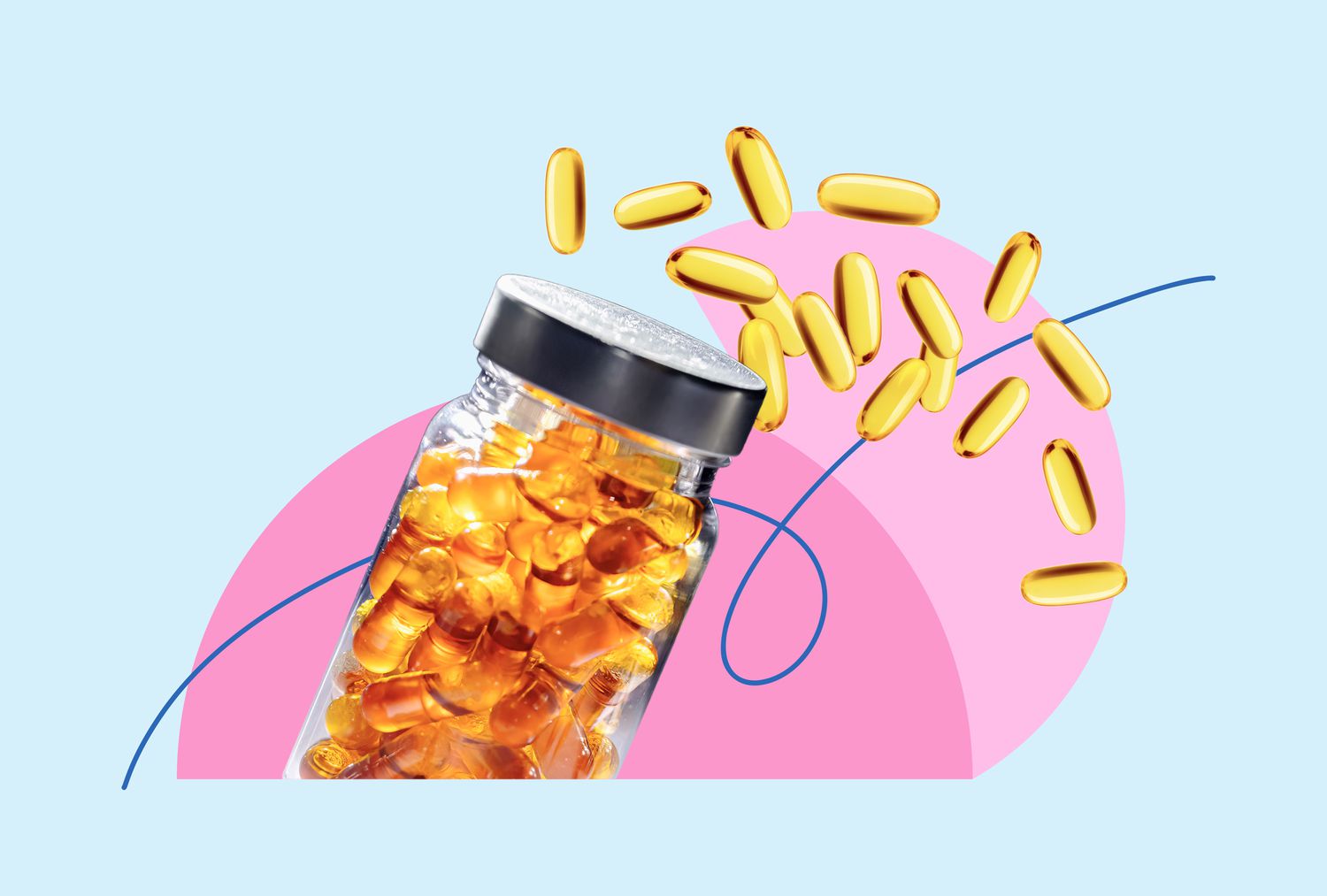 A glass bottle with golden nutritional softgel capsules spilled out, symbolizing dietary supplementation.