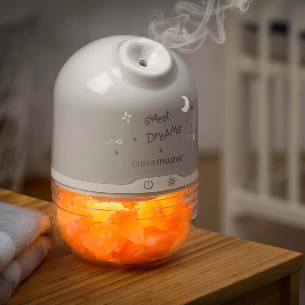 Clevamama Clevapure Salt Lamp glowing with a warm orange light.