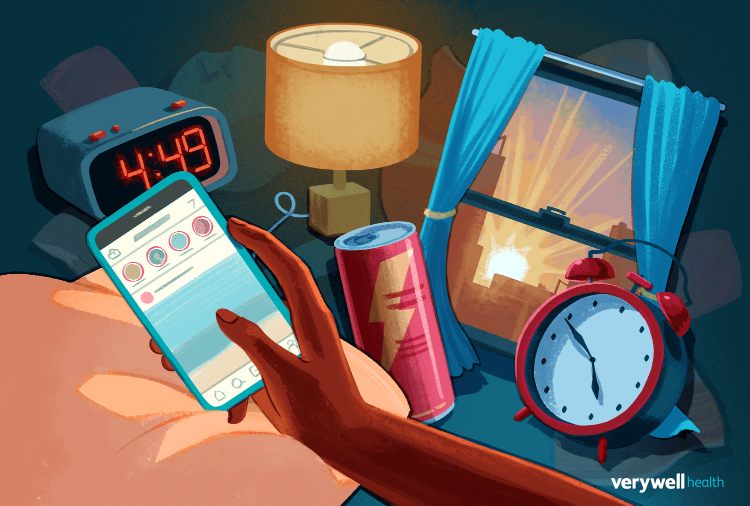 Illustration of a person checking their phone in a dark room, highlighting blue light exposure.