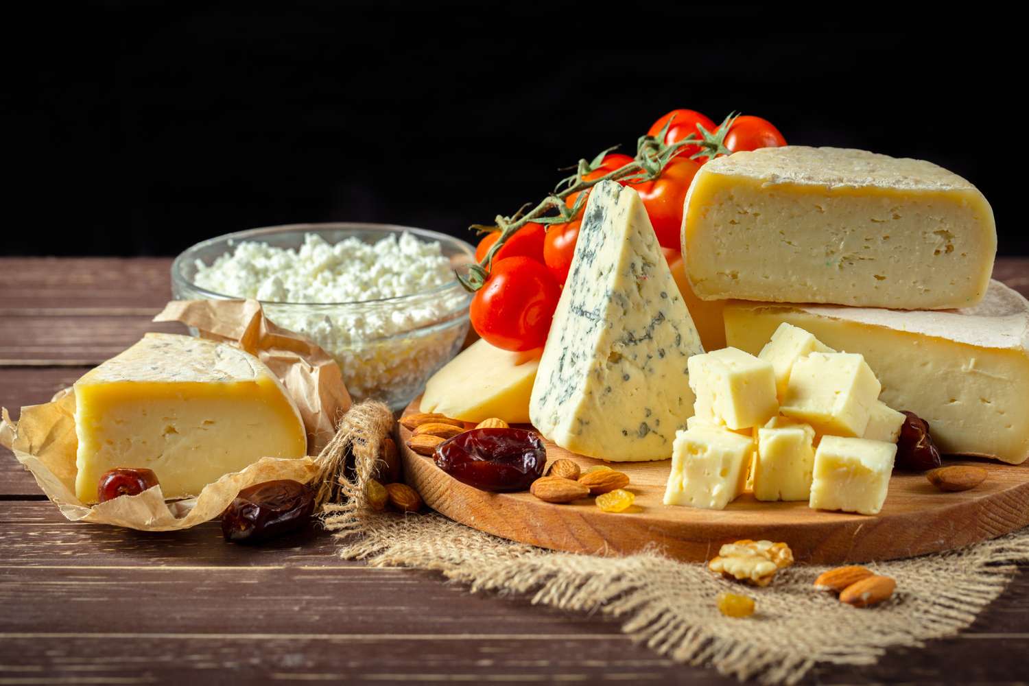 A wooden board featuring protein-rich snacks including cheese, nuts, and tomatoes.