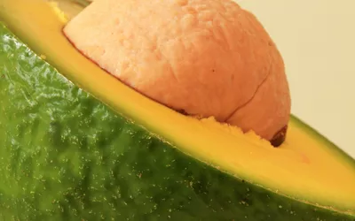 A close-up of a halved fresh avocado showing the pit and green flesh.