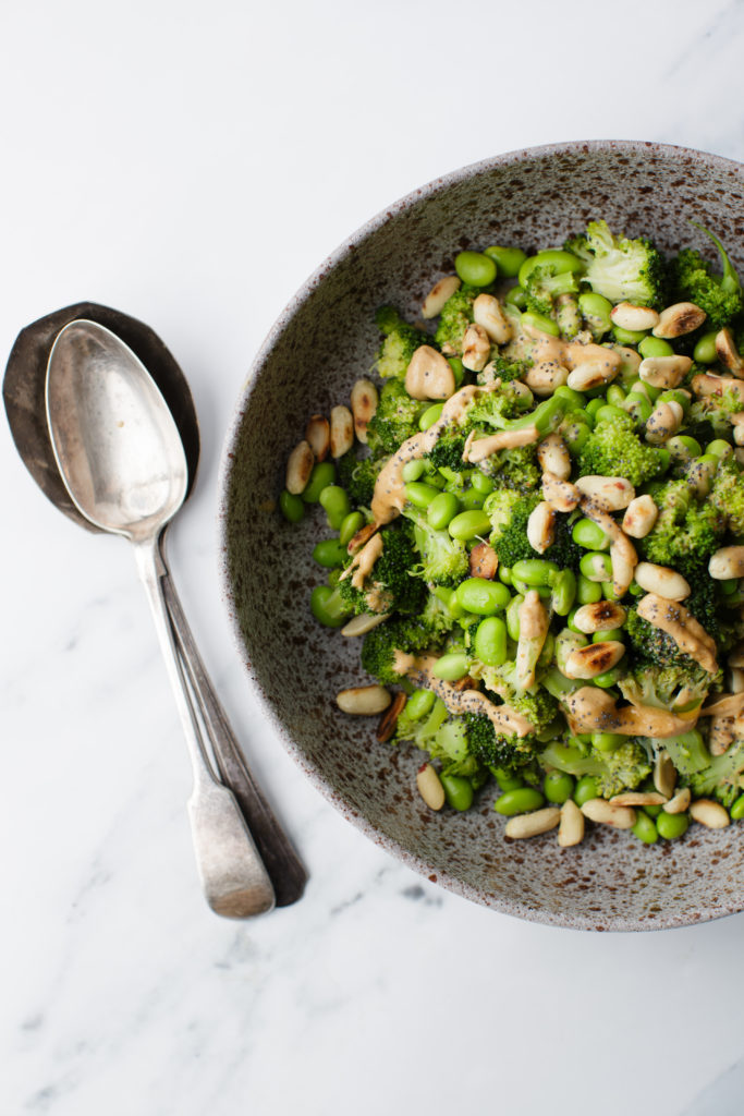 Prepared broccoli and vegetables ready to be tossed in dressing.