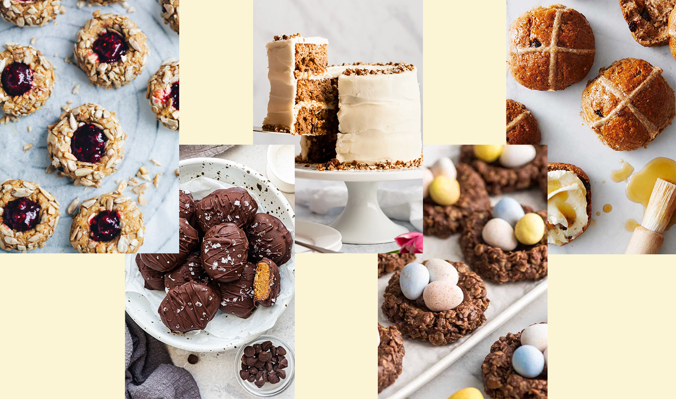 Top-down view of various healthy Easter sweet treats and snacks.