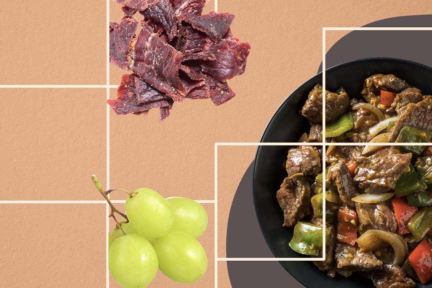 Collage of beef jerky, green grapes, and a beef and vegetable stir-fry.