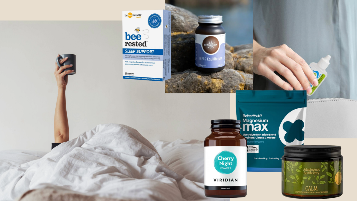 Infographic banner titled 'Wired & Tired? Seven Tried & Tested Natural Supplements To Help You Sleep When You’re Stressed'.