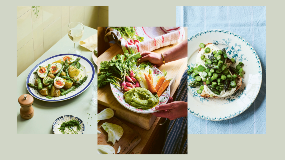 An assortment of spring-themed vegetarian dishes and side salads laid out for an outdoor gathering.