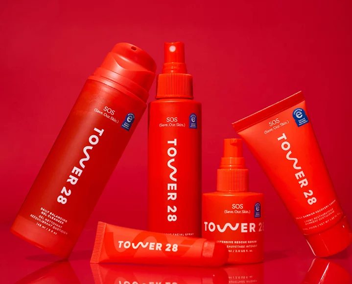 Tower 28 skincare products focused on skin barrier repair and soothing.