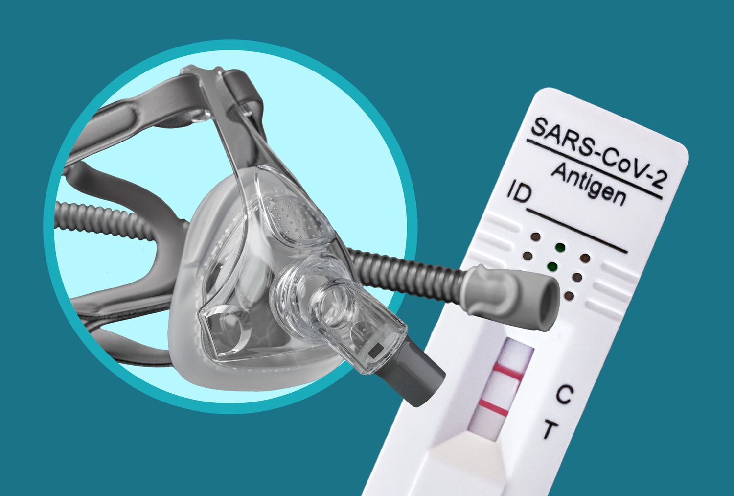 A CPAP mask and therapy device alongside a COVID-19 antigen test, symbolizing the link between the two conditions.