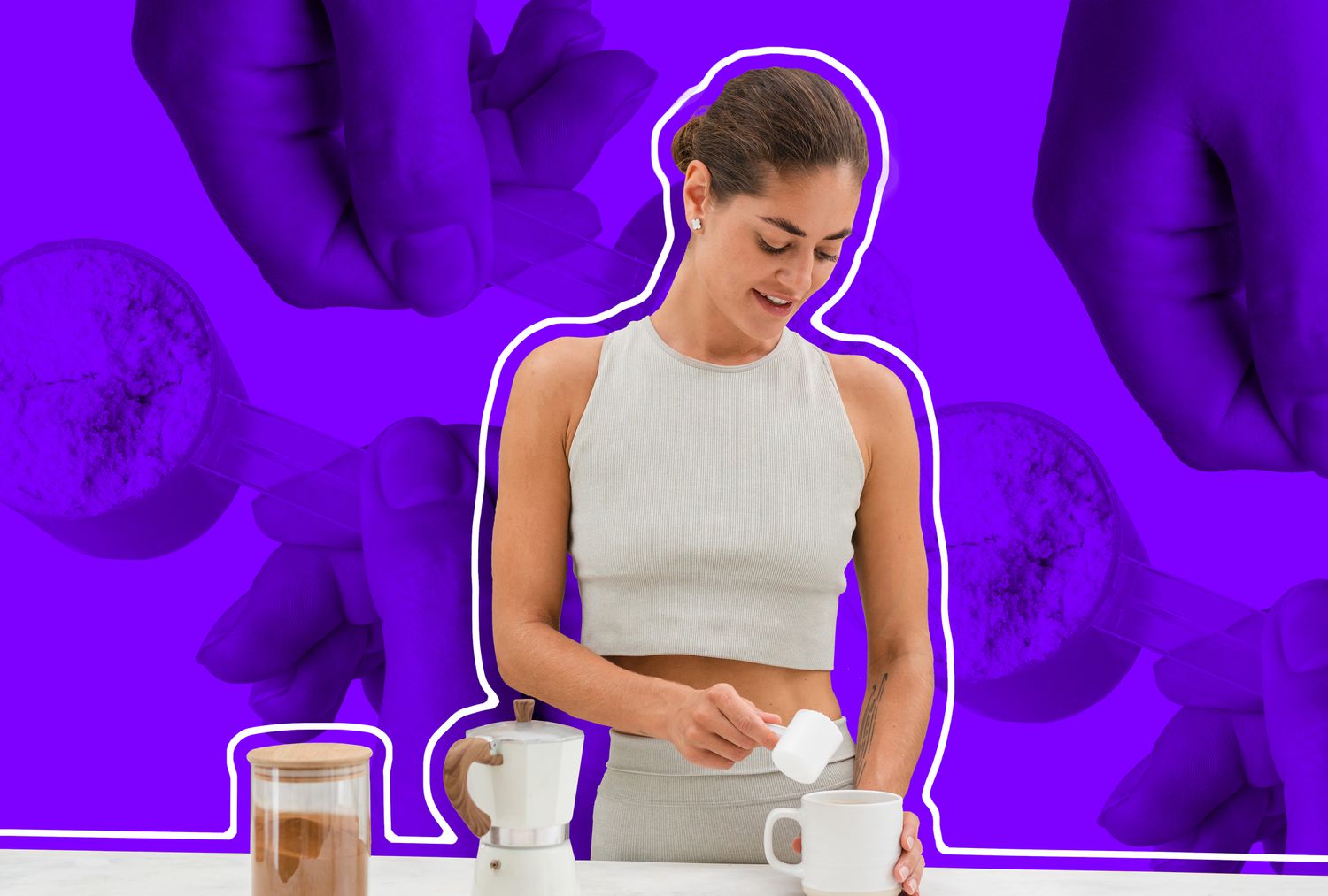 An athletic woman preparing a protein shake with a purple stylized background.