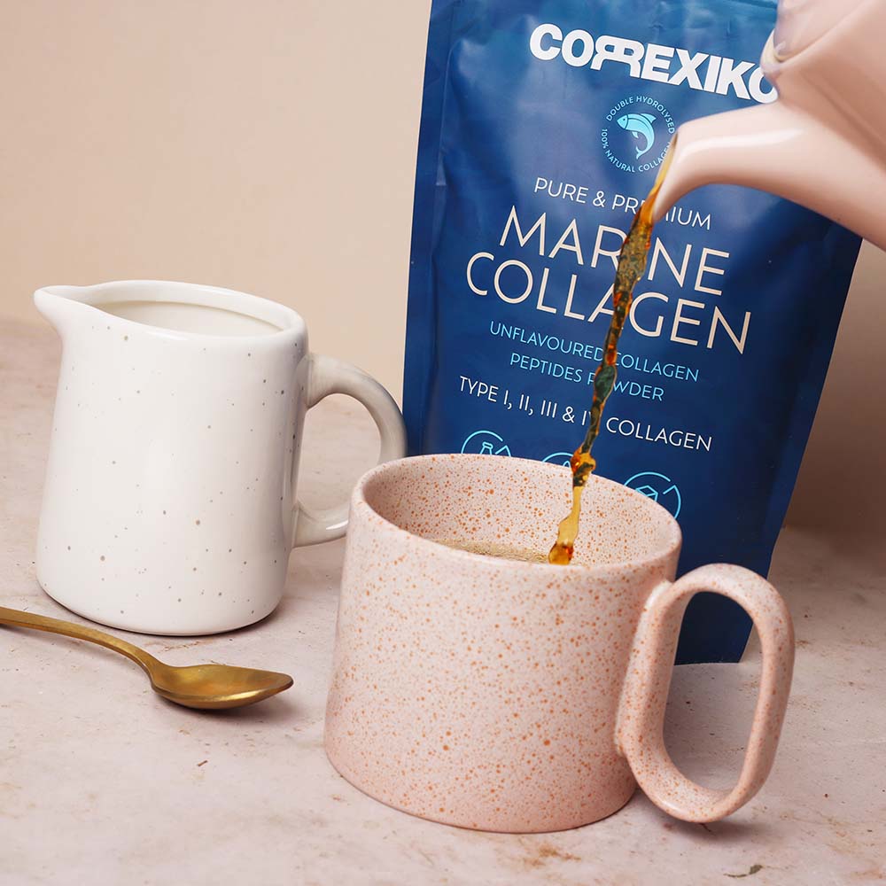 Close-up of collagen peptide powder or molecular structure representing high bioavailability.