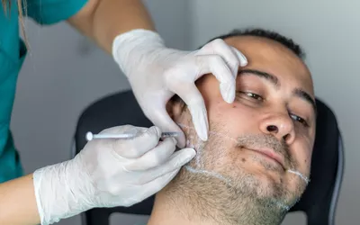 A clinician administering an injection near a patient's jawline.