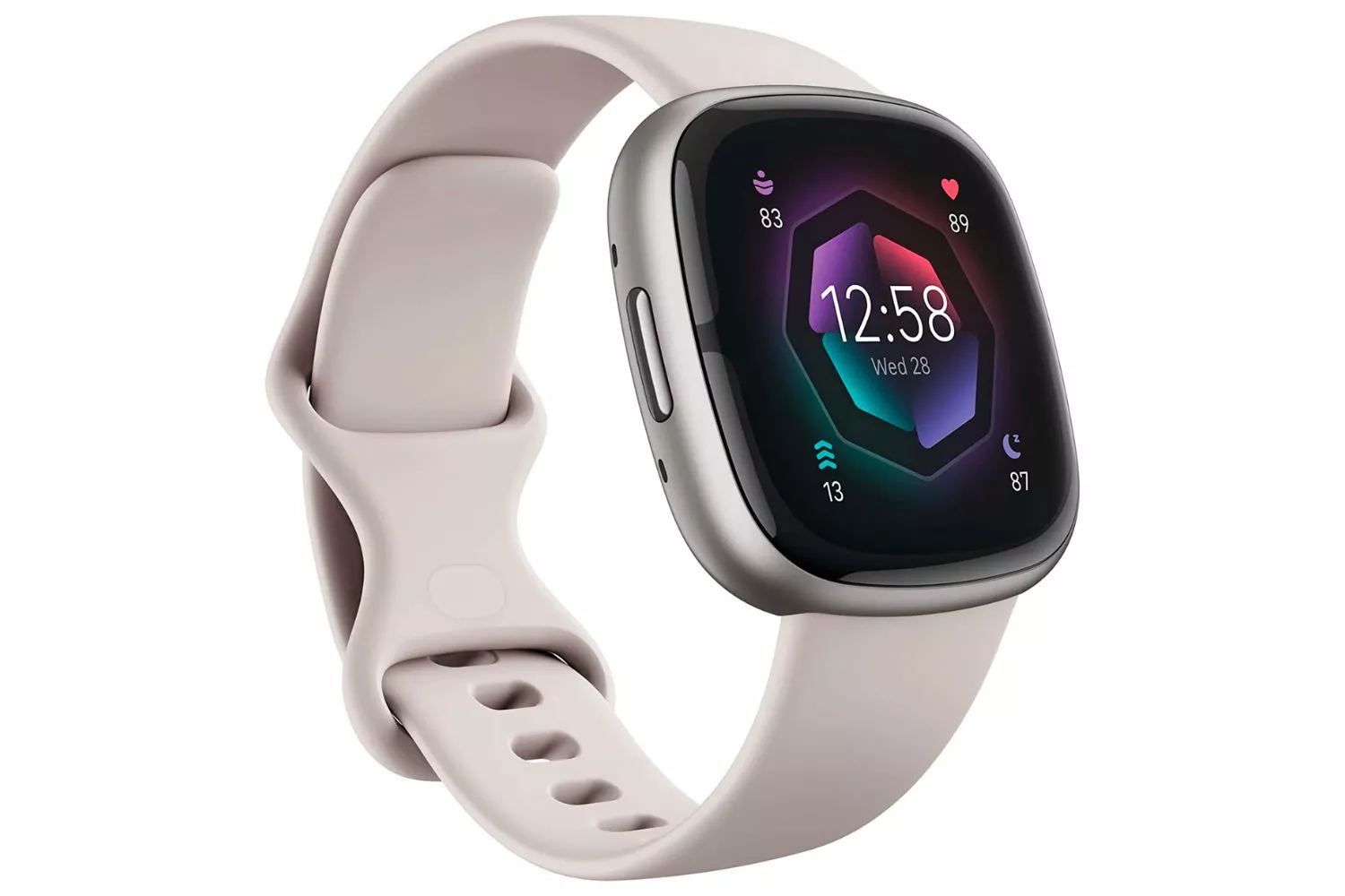 A Fitbit Sense 2 smartwatch showing a sleep score and daily health metrics.