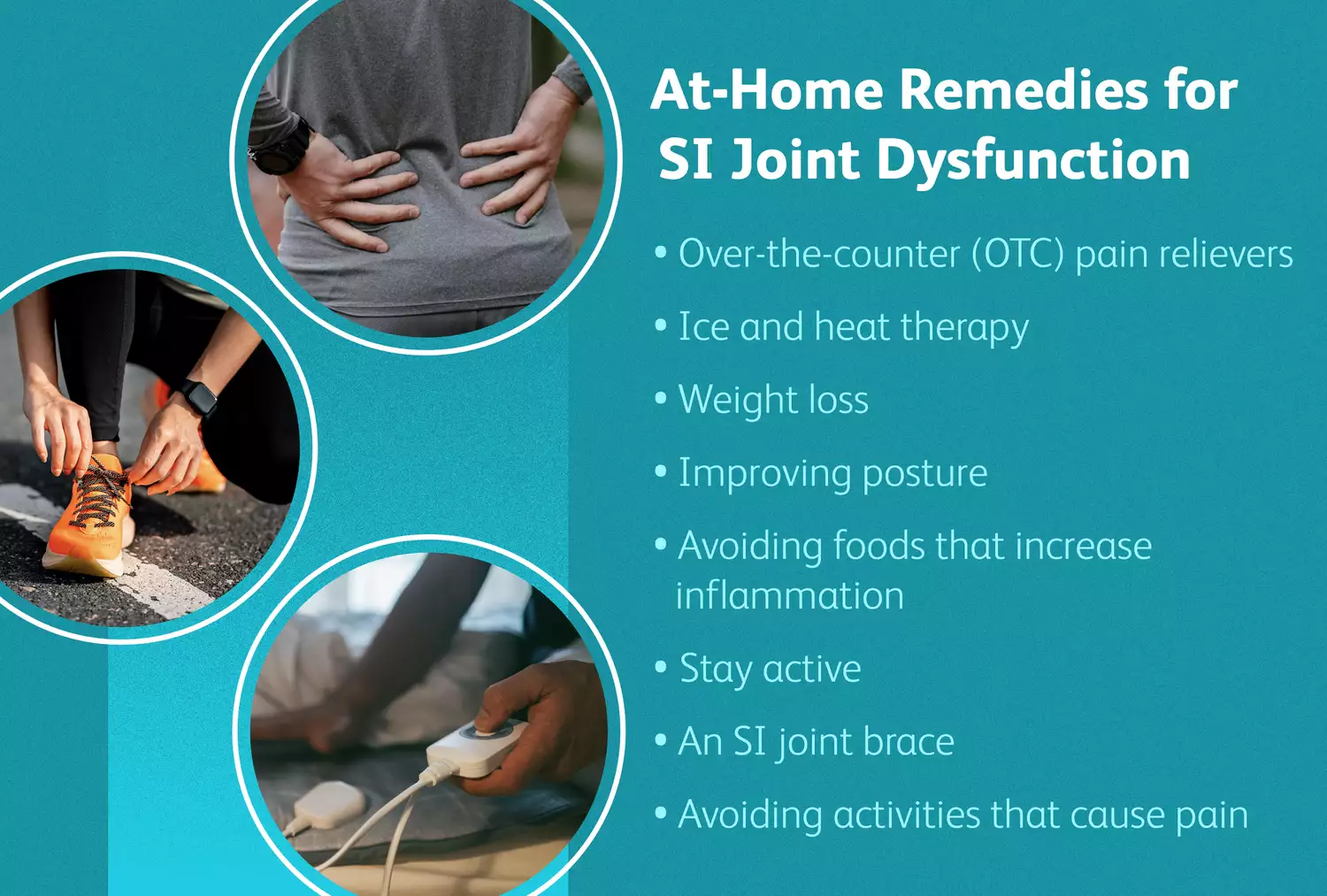 A professional photo composite illustrating various home remedies for SI joint dysfunction, including supportive aids and therapeutic tools.