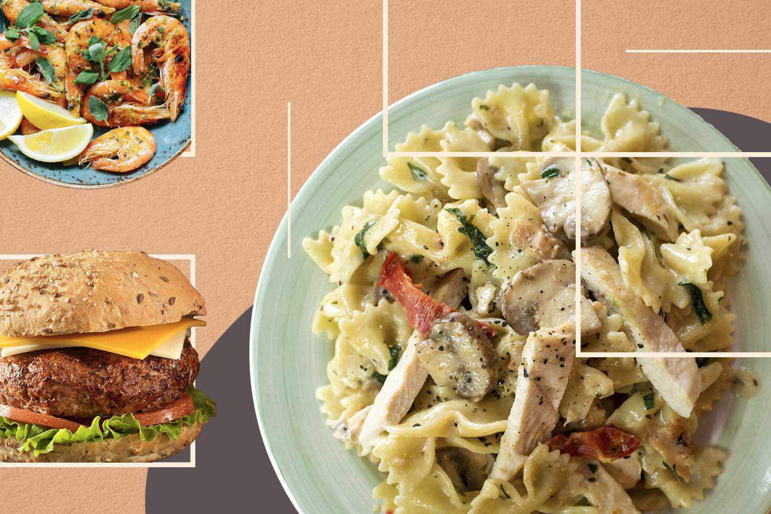 A collage of high-protein meals including chicken pasta, grilled shrimp, and a whole grain burger.